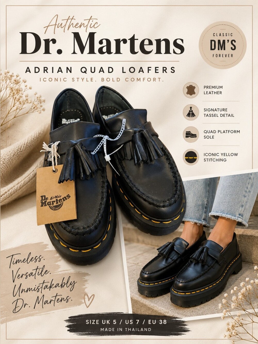 NWT Dr. Martens Adrian Quad Platform Tassel Loafers Black 7